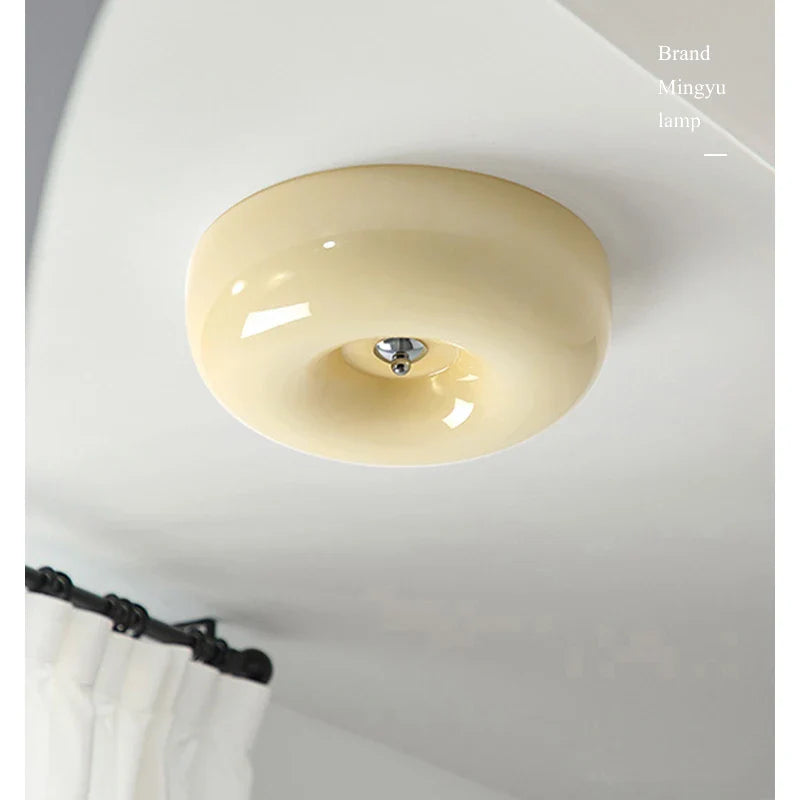 Afralia™ Cream Bauhaus Style Ceiling Lamp for Bedroom with Medieval French Glass