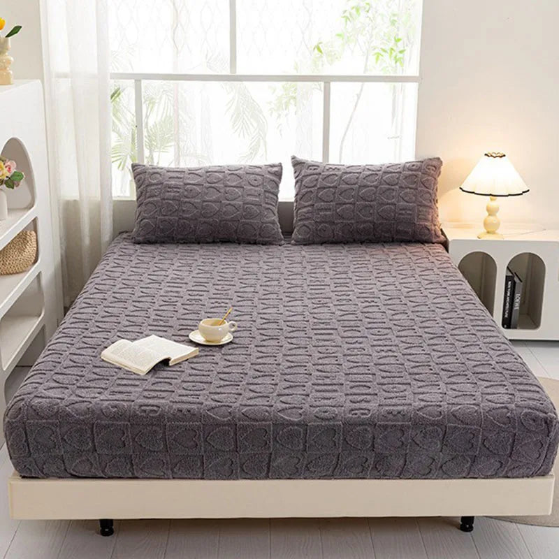 Afralia™ Tafu Velvet Fitted Sheet Coral Fleece Anti-Slip Bed Cover Grid Jacquard