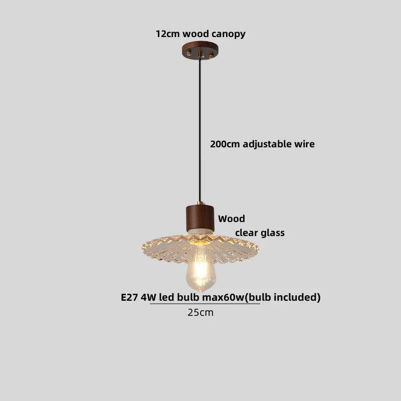 Afralia™ Clear Glass LED Pendant Light Fixture Wood Hanging Lamp