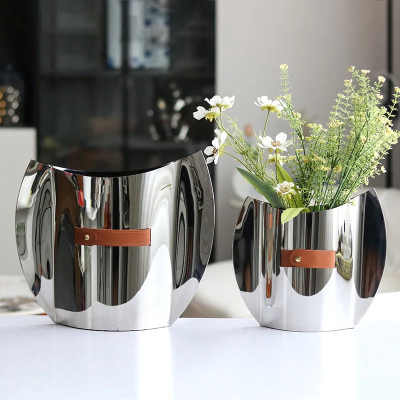 Afralia™ Stainless Steel Oval Vase for Home Decor & Flower Arrangement