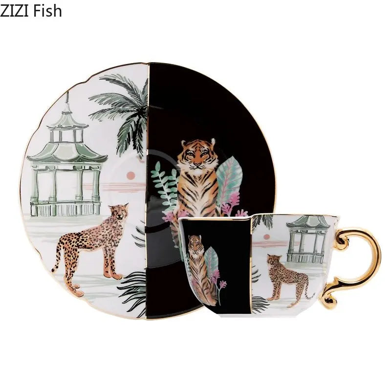 Afralia™ Watercolor Tiger Leopard Ceramic Gold-plated Coffee Tea Cup Embellished Mug