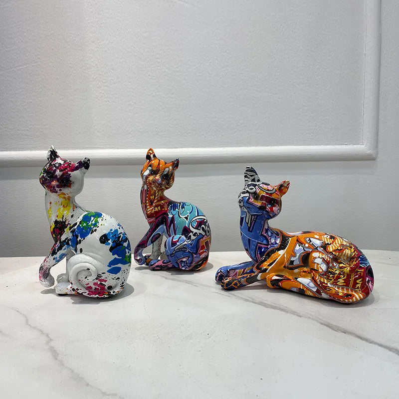 Afralia™ Resin Graffiti Cat Ornaments: Creative Animal Figurines for Home Decor