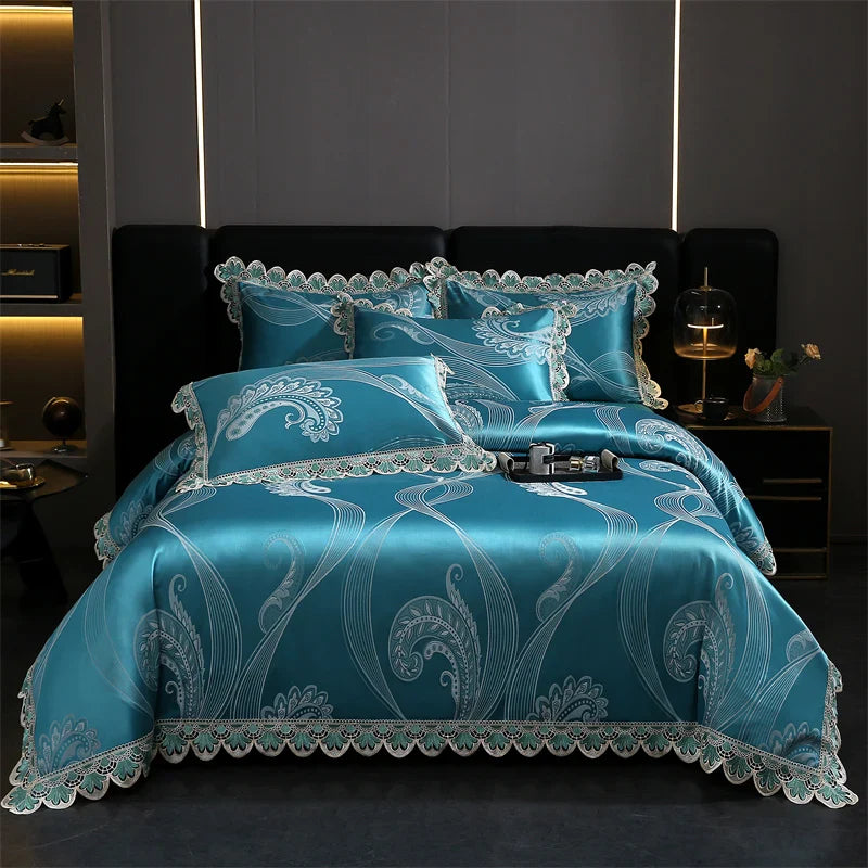 Afralia™ Golden Jacquard Cotton Lace Bedding Set - Silky Soft Duvet Cover, Flat Sheet, Pillowcase