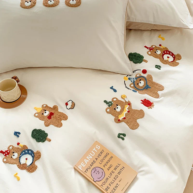 Afralia™ Cute Bear Embroidery Bedding Set with Duvet Cover, Sheet and Pillowcases