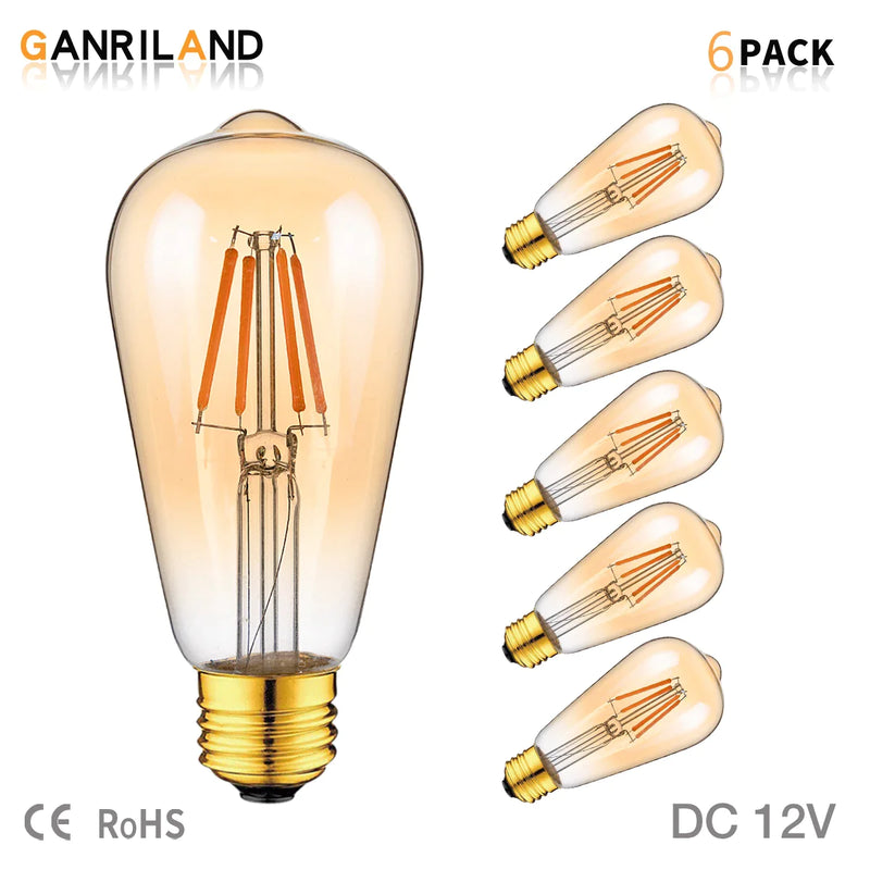 Afralia™ Vintage Amber Glass E27 LED Bulb - Low Voltage DC12V 4W Warm 2200K