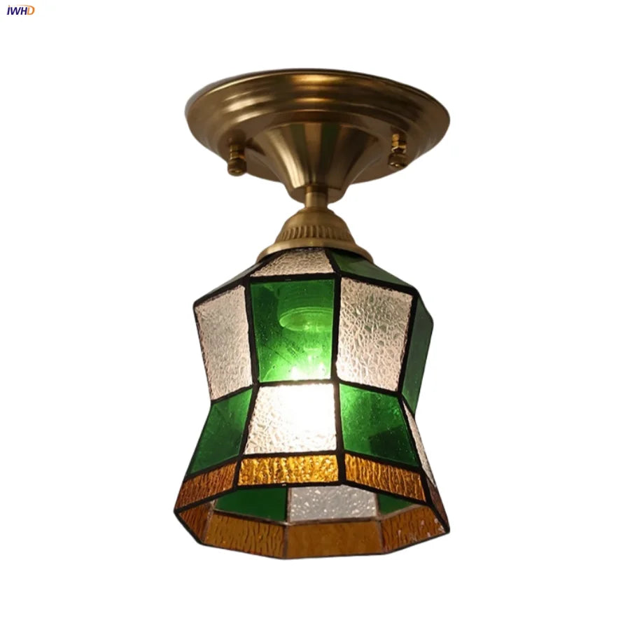 Afralia™ Handcrafted Glass Copper Canopy Ceiling Light Tiffany Style Glass Vintage Loft