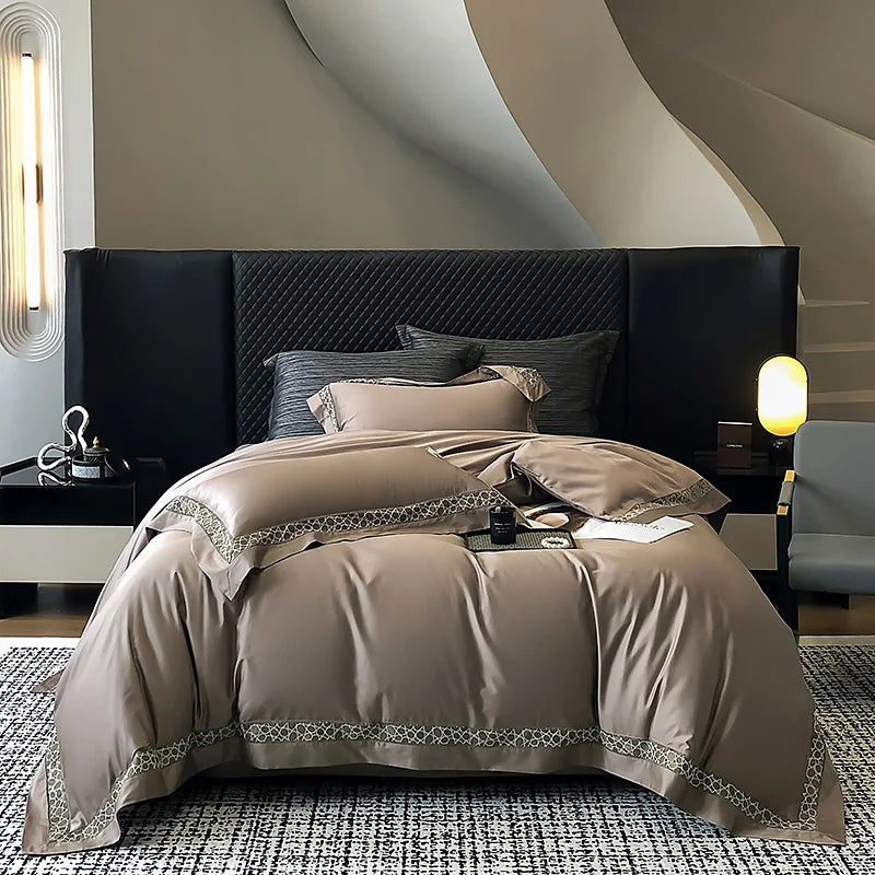 Afralia™ Brown Lace Embroidery Bedding Set, 4Pcs, 1200TC Egyptian Cotton