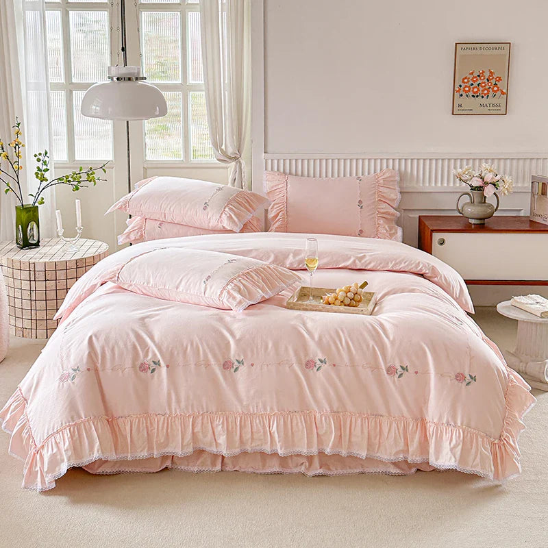 Afralia™ Rose Flowers White Cotton Bedding Set with Lace Ruffles