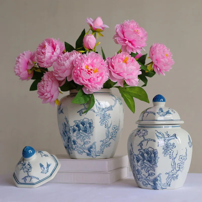 Afralia™ Blue White Porcelain Vase Vintage Ceramic Flower Home Decor Jar