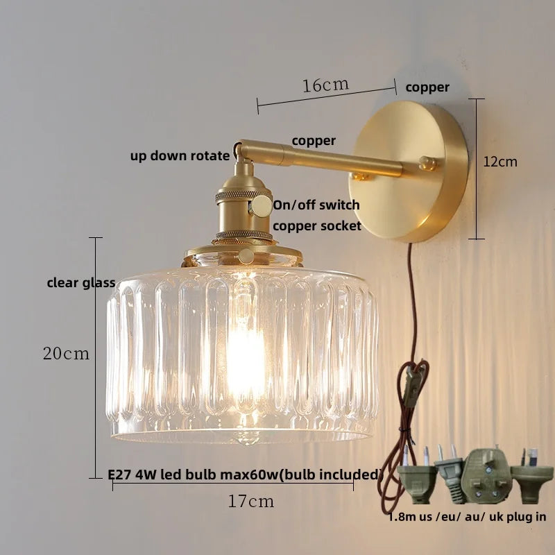 Afralia™ Clear Glass LED Wall Sconce, Modern Rotating Bedside Lamp with Pull Chain & Copper Socket