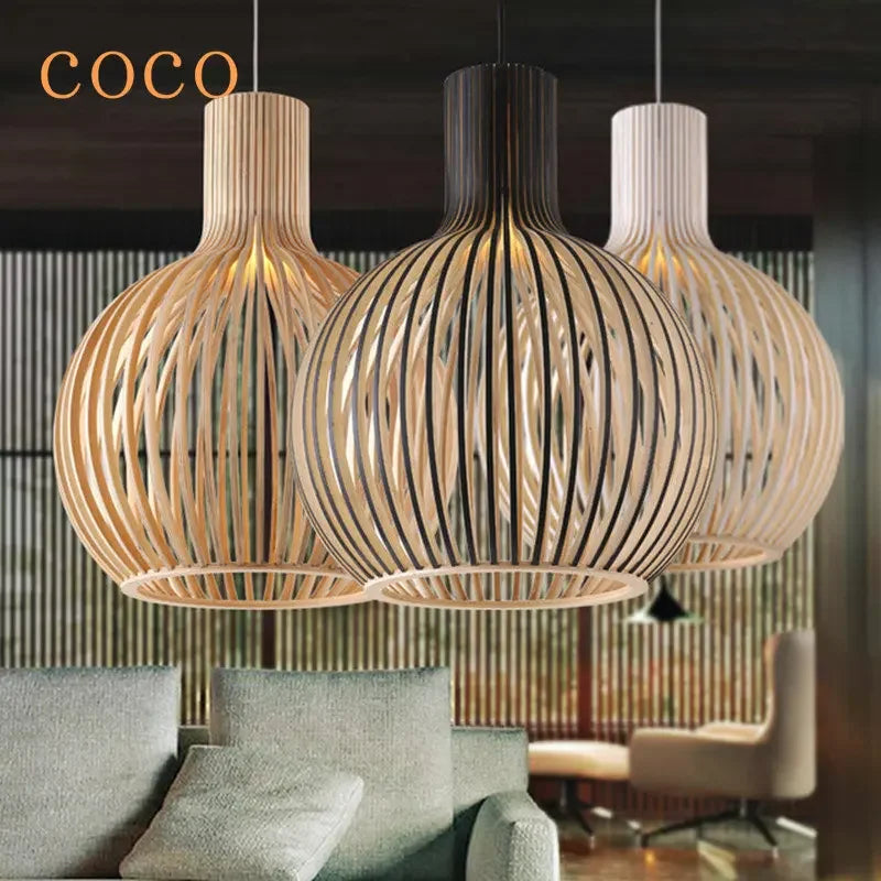 Afralia™ Wood Birdcage Chandelier with Hanging White Ball for Living Room Lighting