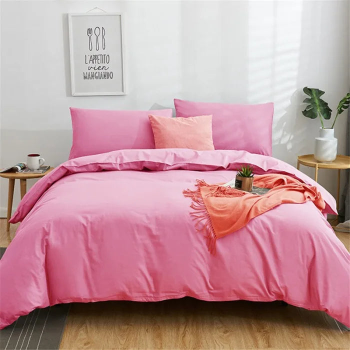 Afralia™ Cotton 4pcs Bedding Set Double Queen Solid Color Duvet Cover Flat Bed Sheet