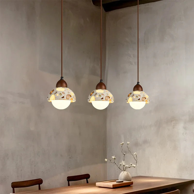 Afralia™ Terrazzo Stone Glass Pendant Light Fixture Wood Knob Switch LED Hang Lamp
