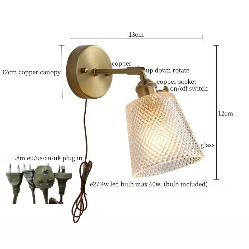 Afralia™ Clear Brass Glass LED Wall Lamp Pull Chain for Living Room Bedroom Loft