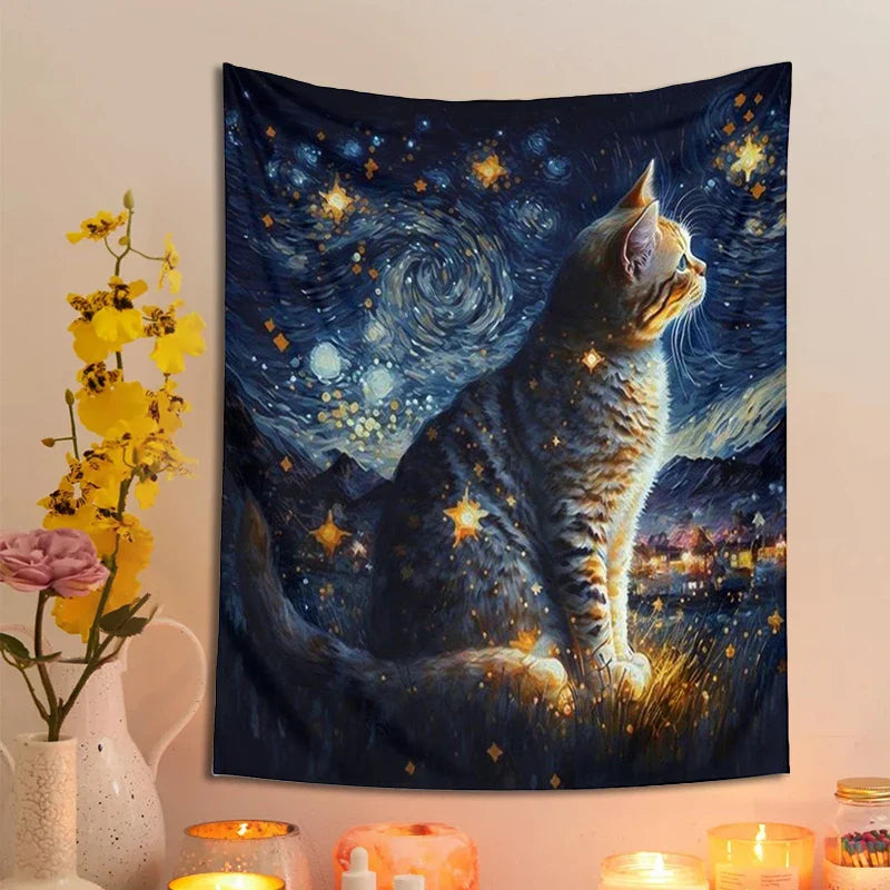 Afralia™ Starry Night Cat Tapestry: Moon Art Oil Painting Wall Hanging for Boho Home Decor