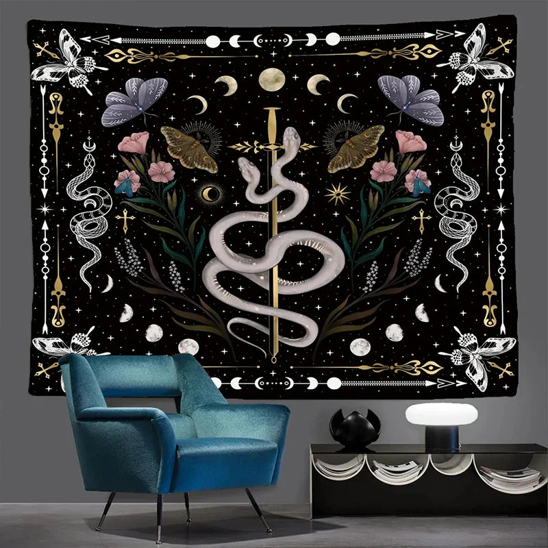 Afralia™ Snake Moon Phase Stars Butterfly Night Psychedelic Mystery Tapestry