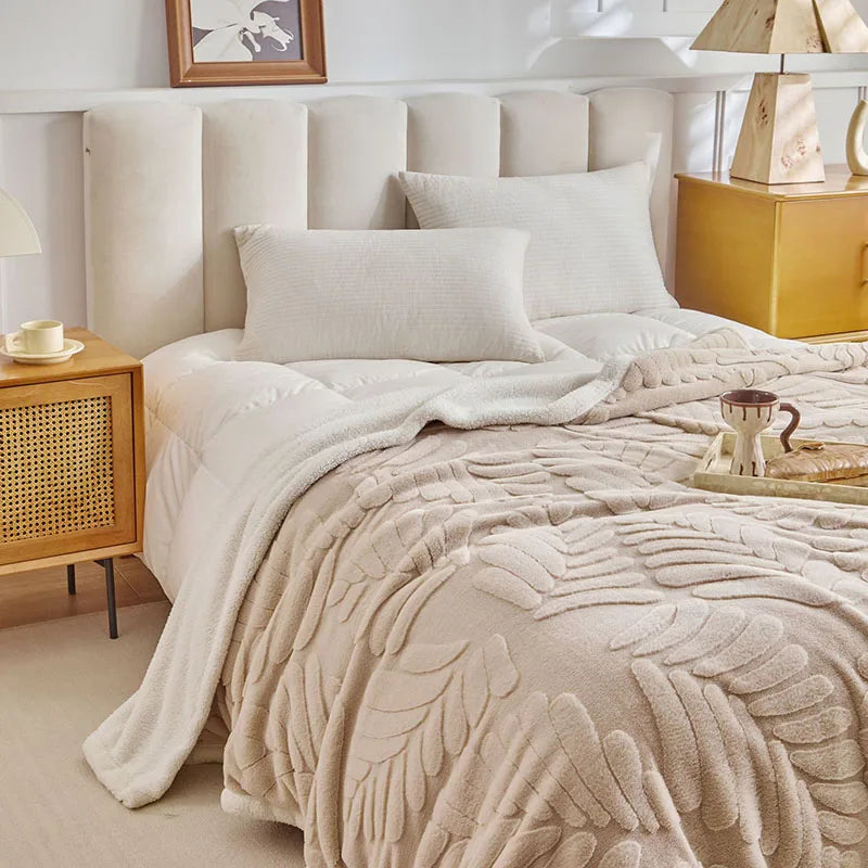 Afralia™ Banana Leaf Jacquard Faux Rabbit Fur Double Layer Lamb Bedspread