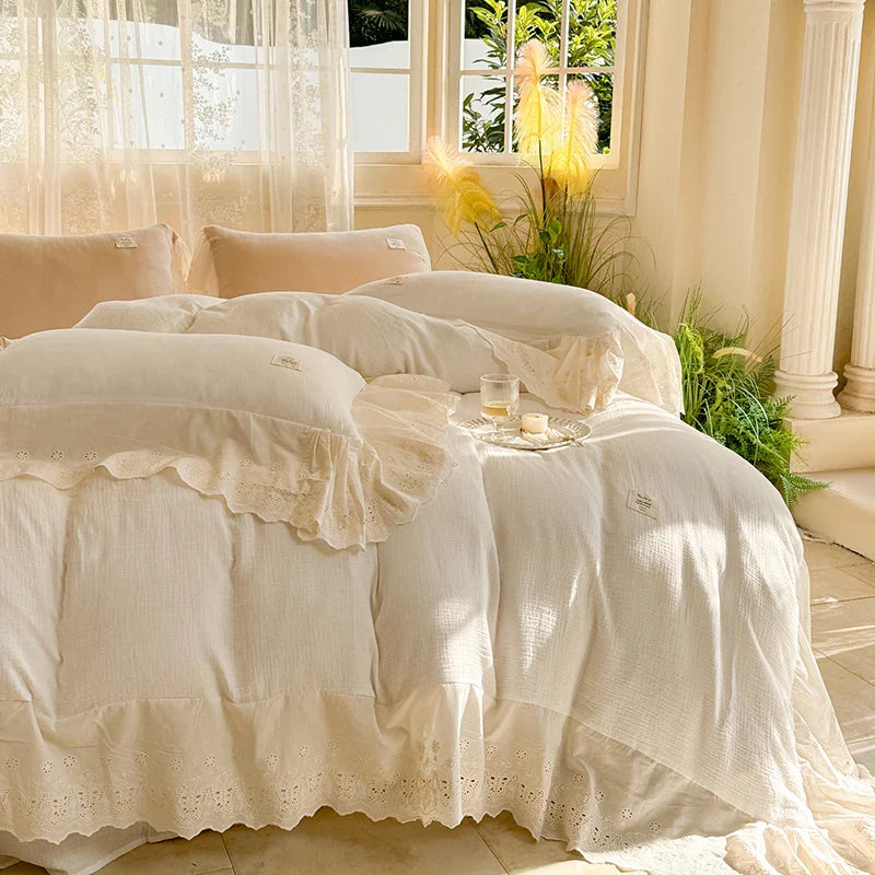 Afralia™ Lace Ruffles Princess Wedding Bedding Set in Pure Cotton Skin-friendly Fabric