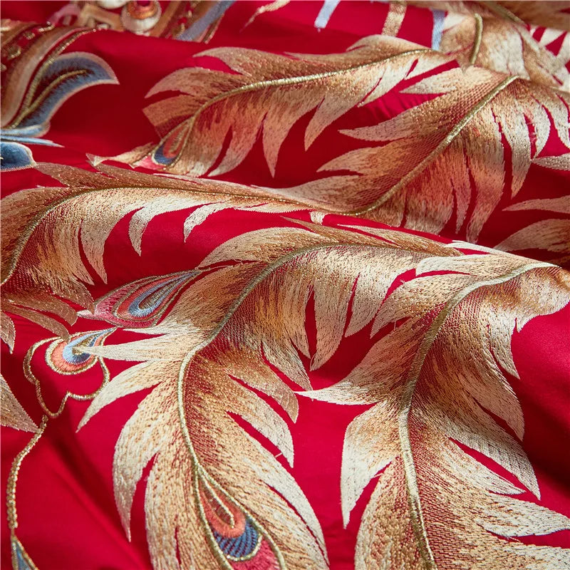 Afralia™ Red Chinese Wedding Luxury Bedding Set with Dragon Phoenix Embroidery