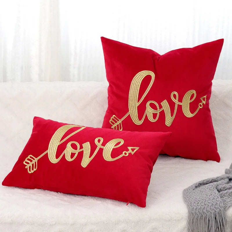 Afralia™ Velvet Embroidery Love Heart Cushion Cover - Romantic Soft Red White Pillow Cover