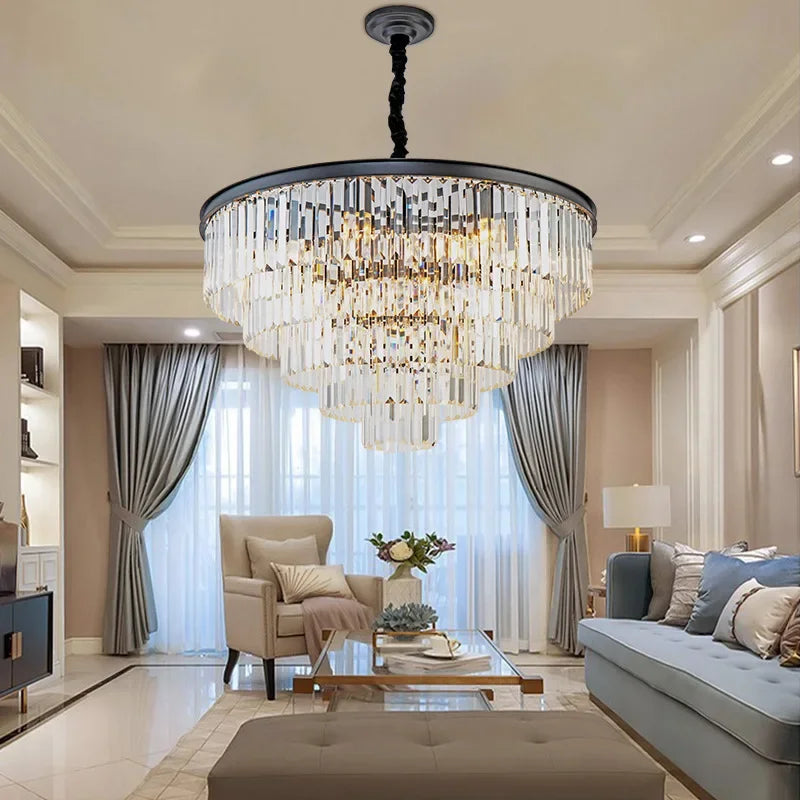Afralia™ Crystal Gold Black LED Chandelier - Multi-Storey Modern Round Pendant Lamp