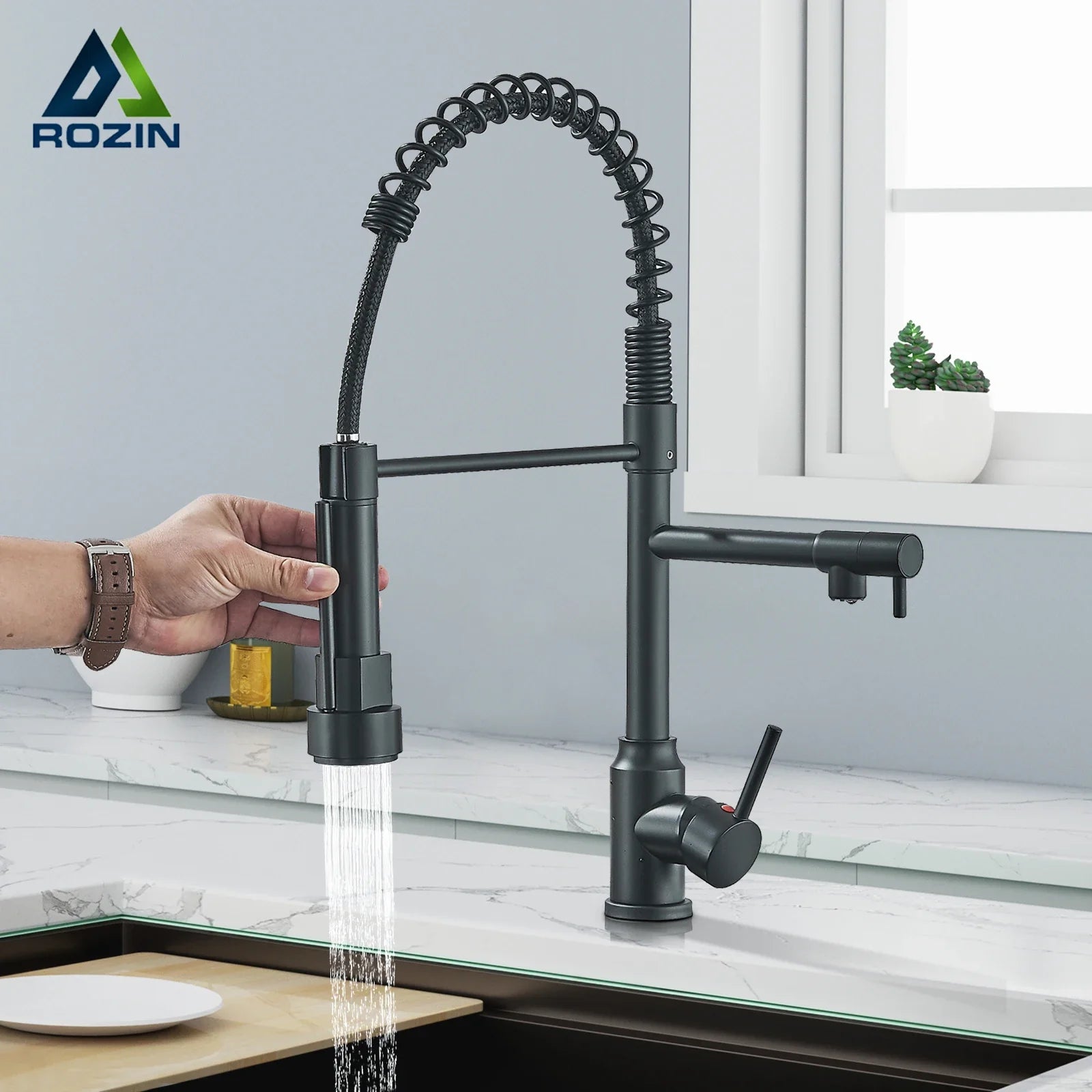 Afralia™ Black Kitchen Faucet Spring Pull Down Sprayer Dual Spout Nozzle Mixer Tap