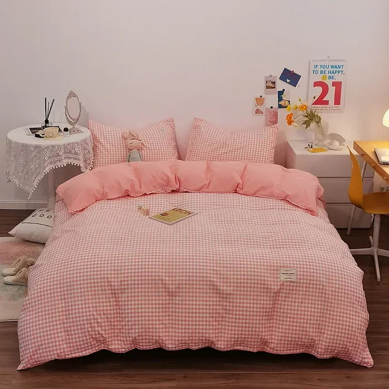 Afralia™ Japanese Grid Print Bedding Set for All Seasons, Queen/King Size Quilt Cover