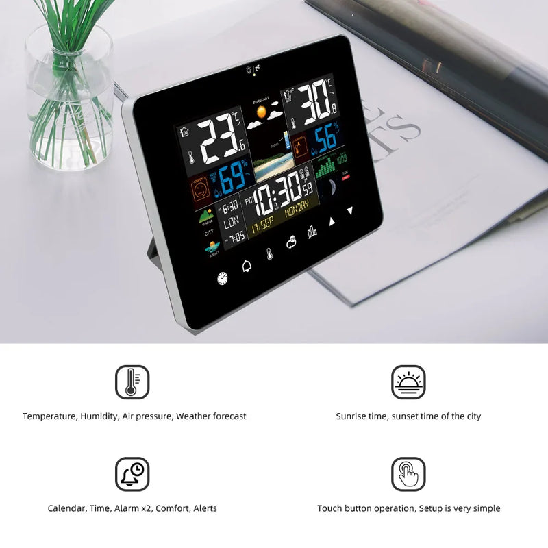 Afralia™ Weather Station Clock with Outdoor Sensor - Temperature Humidity Meter Sunrise Sunset