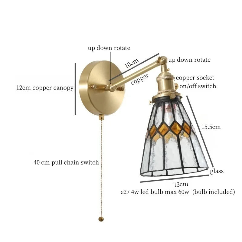 Afralia™ Hexagonal Glass LED Wall Lamp Vintage Copper Pull Chain Switch for Living Room