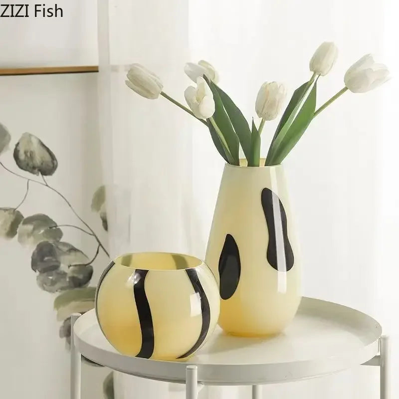 Afralia™ Black Stripes Glass Vase Desk Decoration Artificial Flowers Pots Aesthetic Room Decor
