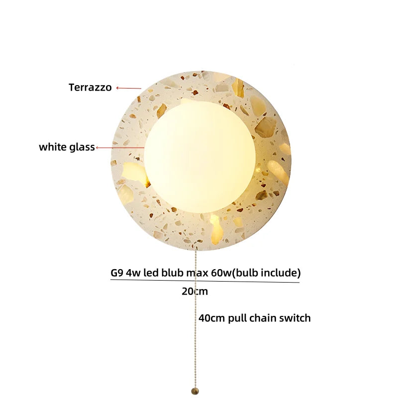 Afralia™ Terrazzo Stone Glass LED Wall Light Fixture with Pull Chain Switch