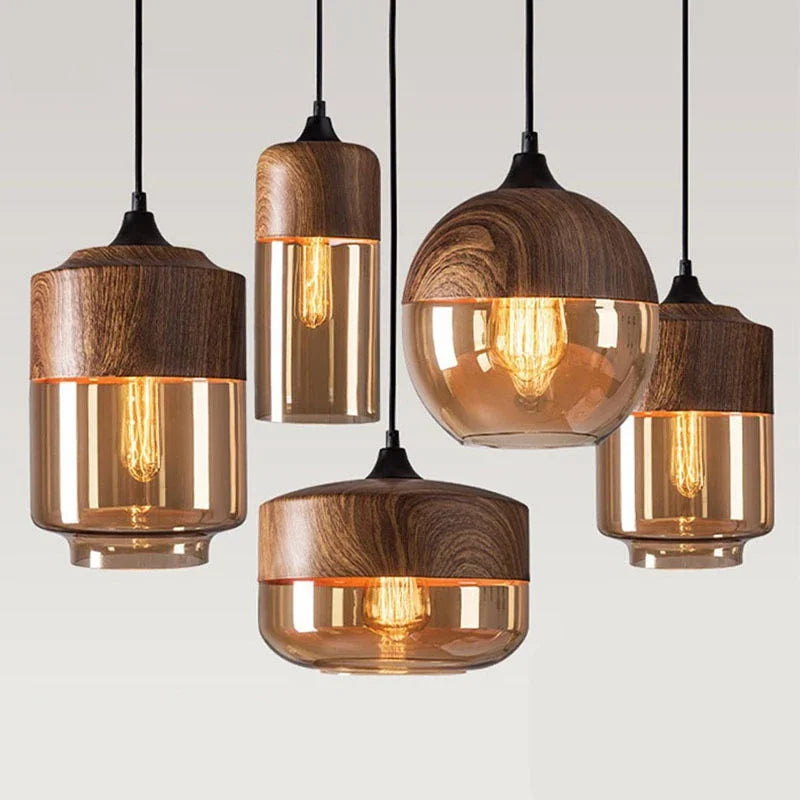 Afralia™ Nordic Glass Pendant Lights - Modern LED Wood Chandelier