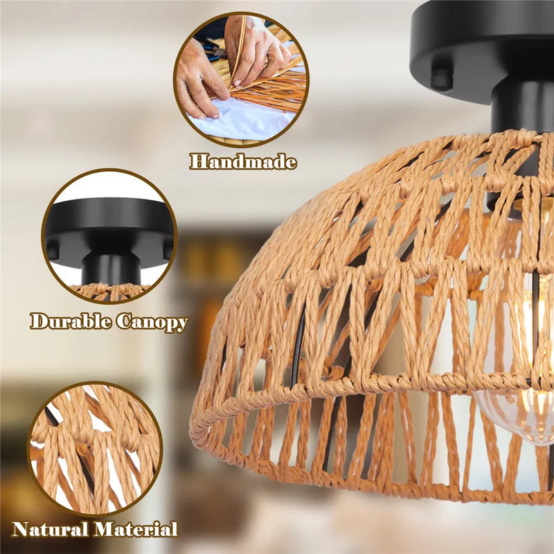 Afralia™ Rustic Woven Basket Ceiling Light for Living Room Bedroom Kitchen Island