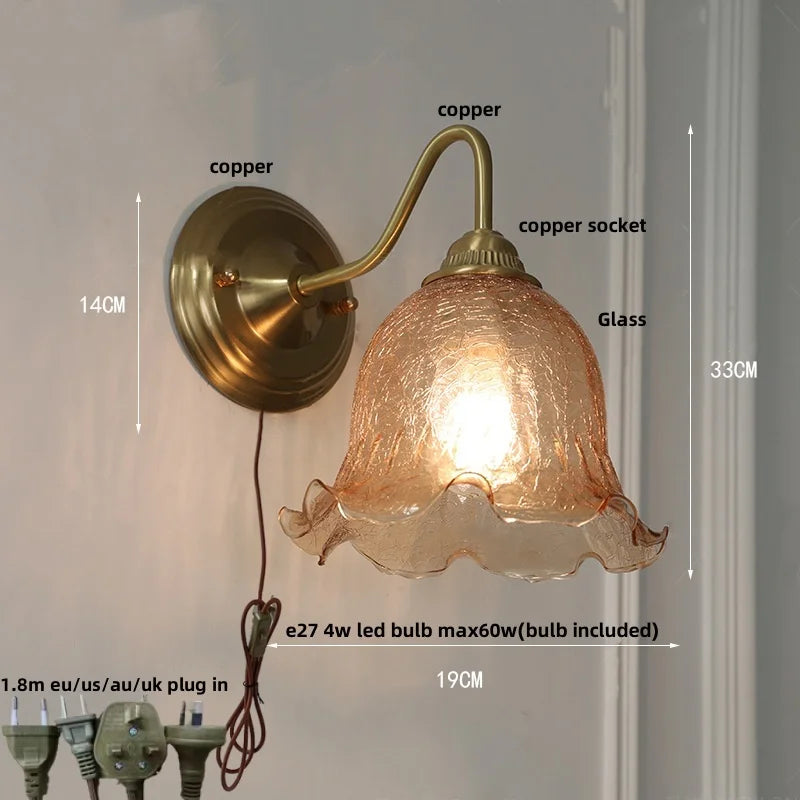 Afralia™ Pink Glass LED Wall Sconce Nordic Brass Fixture