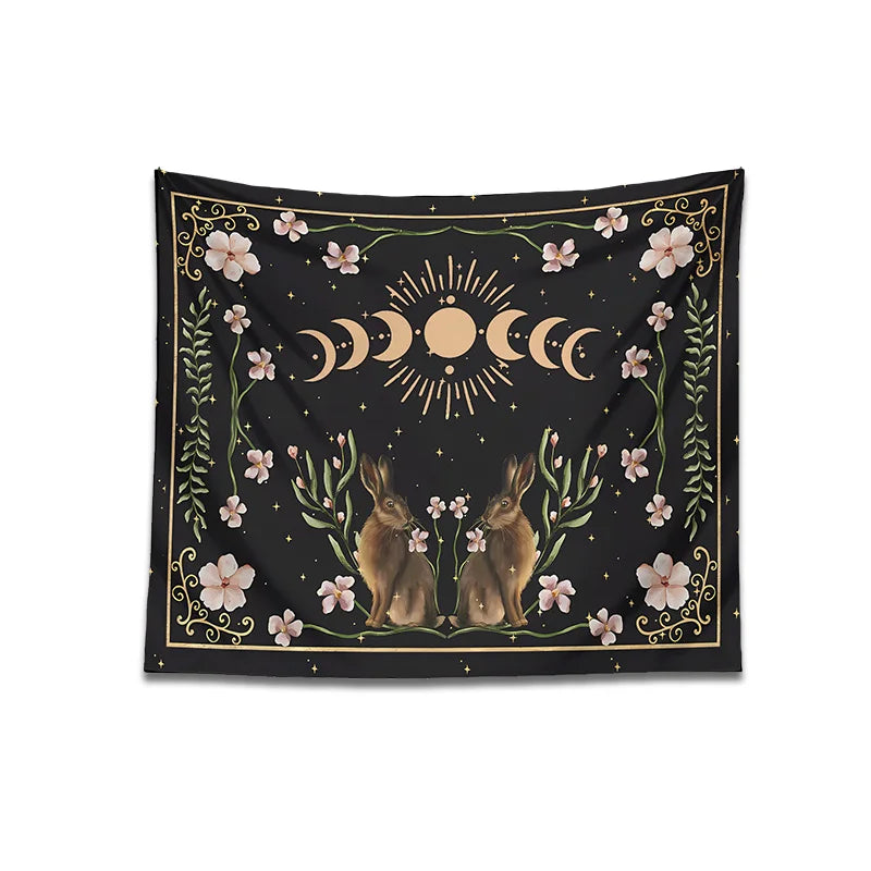 Afralia™ Moon Phase Rabbit Tarot Cloth Celestial Botanical Wall Hanging