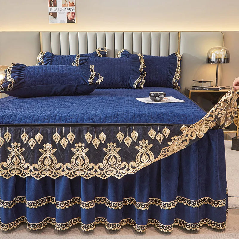 Afralia™ Velvet Bedding Set with Gold Lace Ruffles, Removable Bed Skirt & Pillowcase