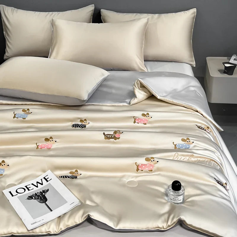 Afralia™ Washed Silk Embroidered Quilt Set Queen, Cooling Summer Blanket