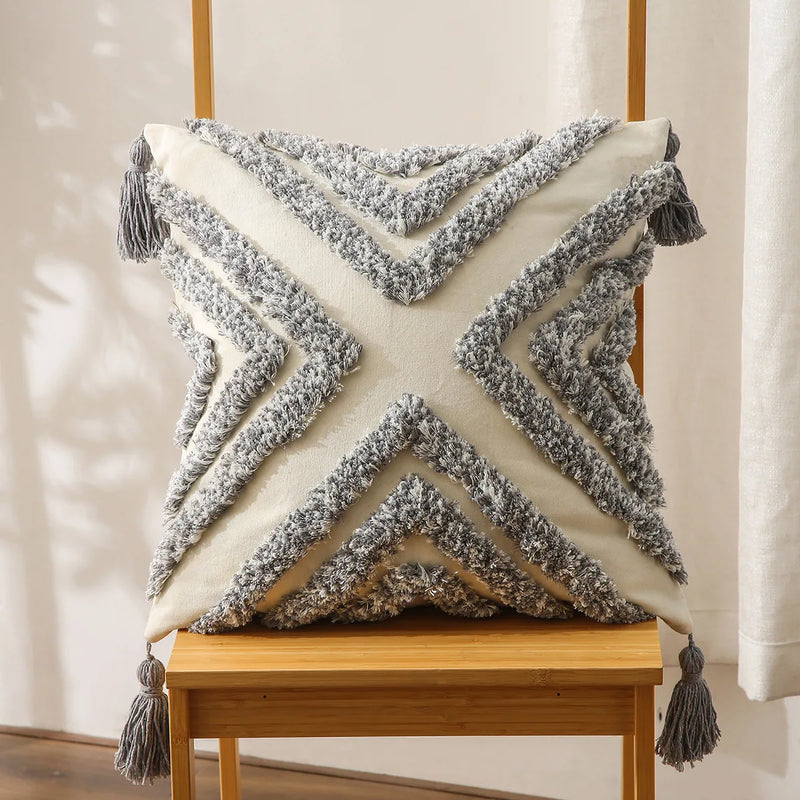 Yellow Grey Embroidery Cushion Cover with Tassels for Stylish Home Decor by Afralia™