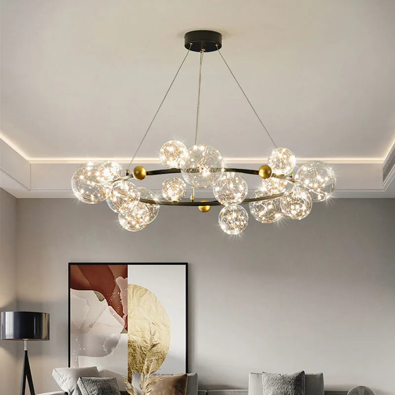 Afralia™ Golden Ring Glass Ball Chandelier with Remote Control for Living Dining Room