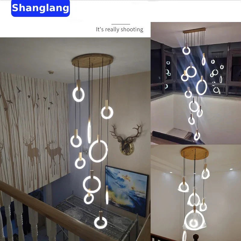 Afralia™ Modern Wooden LED Chandelier with Acrylic Ring for Living Room Lighting