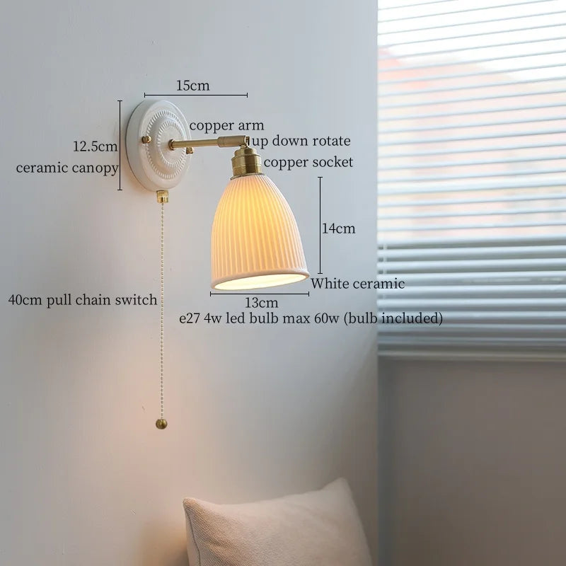 Afralia™ Pleats Ceramic LED Sconce Lamp with Adjustable Copper Arm for Bedroom Bathroom Mirror