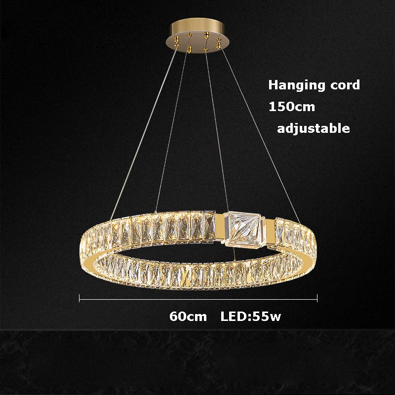 Afralia™ Crystal Block Gold Ring Pendant Light - Luxury Dimmable Ceiling Decor