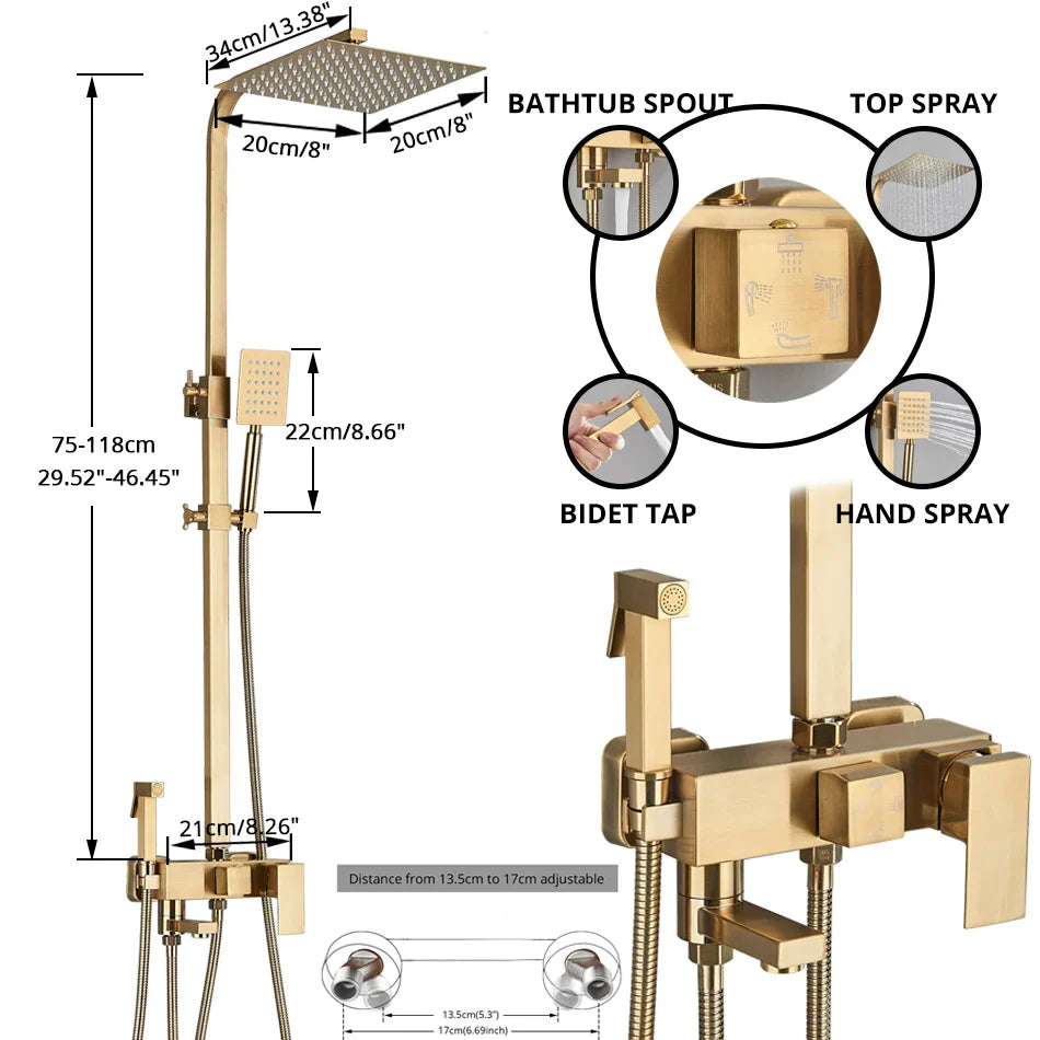 Afralia™ Rainfall Shower Faucet Set Wall Mounted Bath Mixer Tap System With Bidet Taps