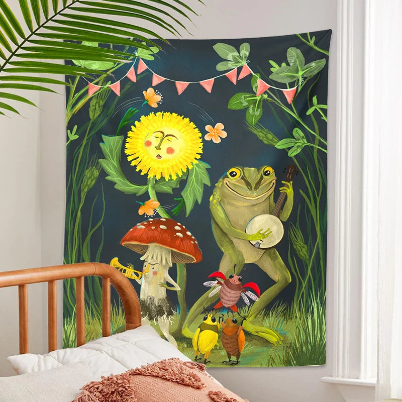 Frog Mushroom Tapestry Wall Hanging by Afralia™: Psychedelic Forest Animals Gathering Art Home Decor