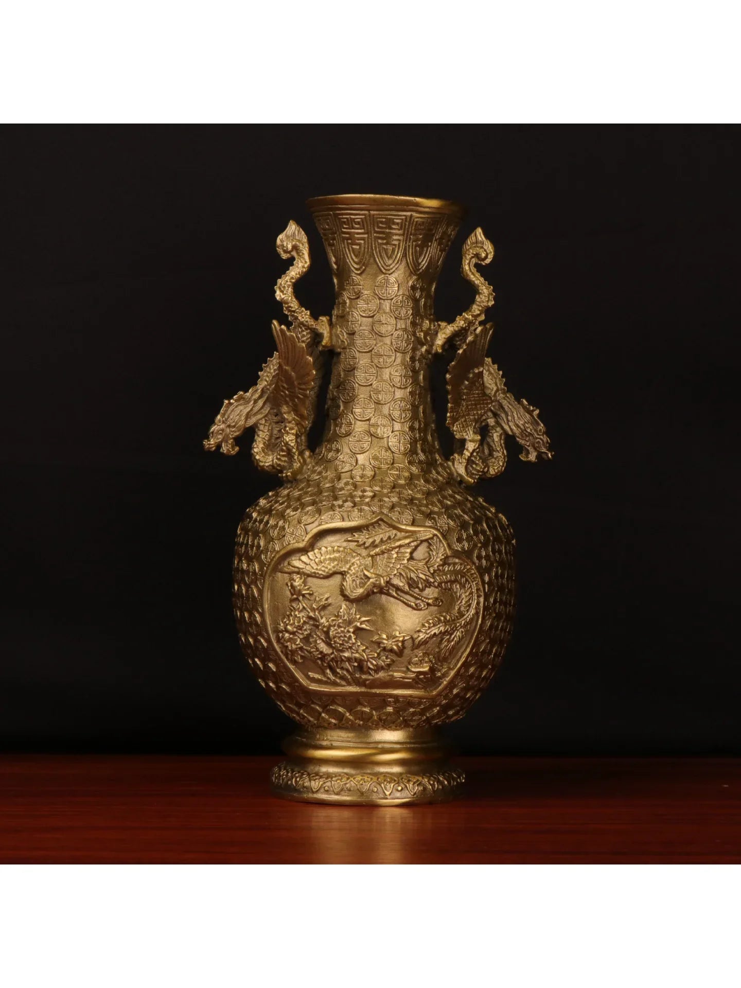 Afralia™ Copper Dragon Phoenix Vase Pair Double Dragon Ears Pine Crane Feng Shui Ornament