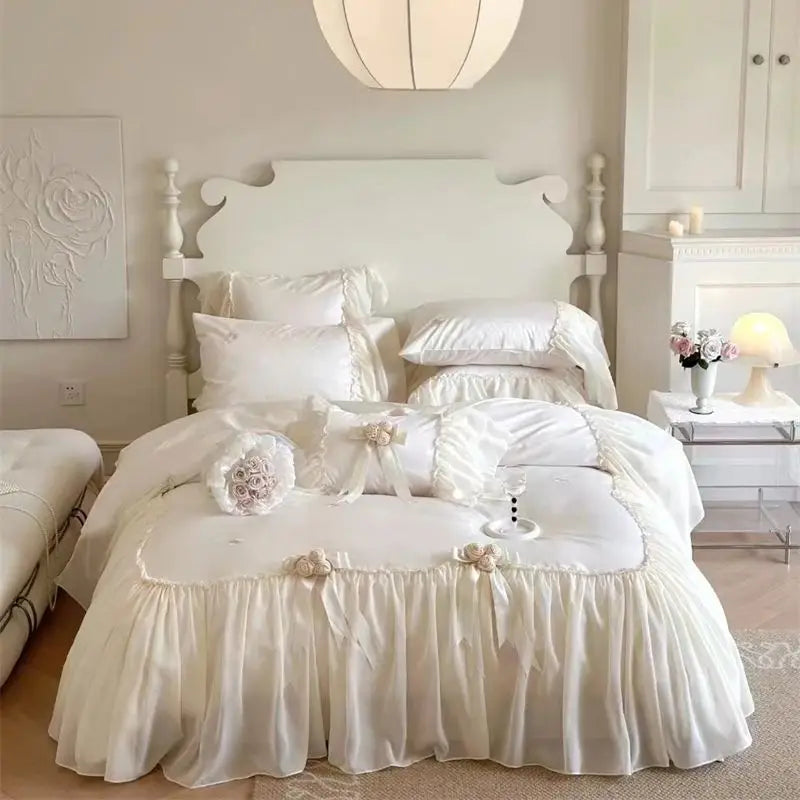 Afralia™ Romantic Rose Lace Ruffles Princess Wedding Bedding Set - 1200TC Egyptian Cotton