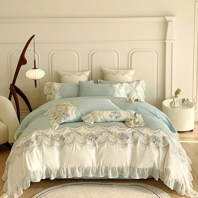 Afralia™ Romantic French Princess Bedding Set with Rose Embroidery & Ruffles
