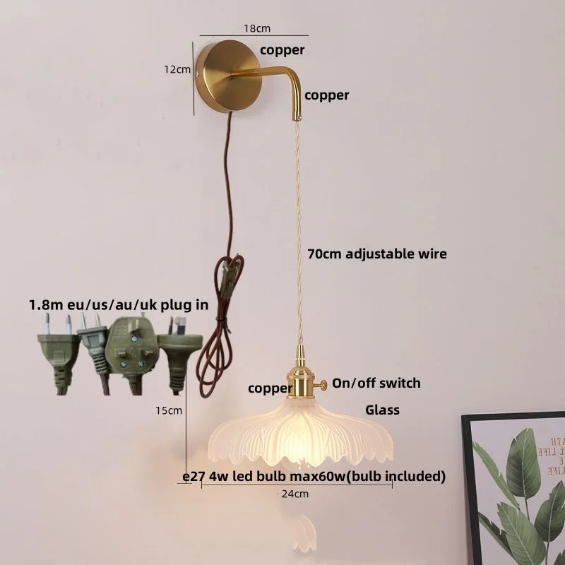 Afralia™ Copper LED Glass Wall Sconce with Pull Chain Switch for Living Dining Room