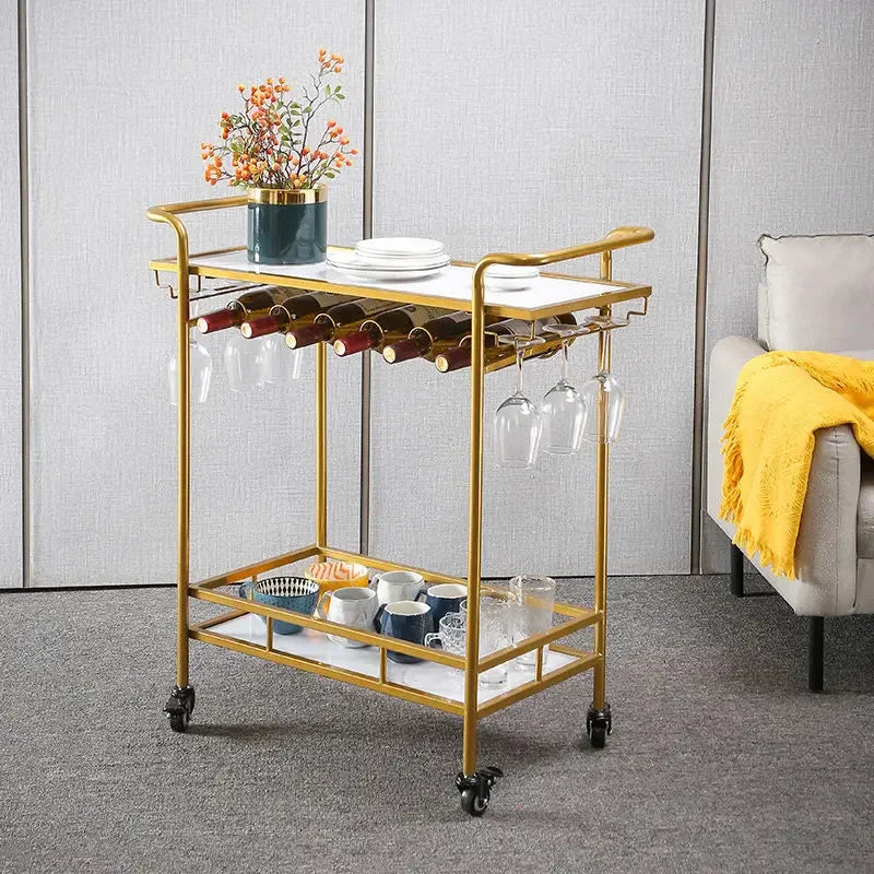 Afralia™ Drinks Trolley Wine Rack Bar Cart Glass Cup Holder Kitchen Dining Black Gold