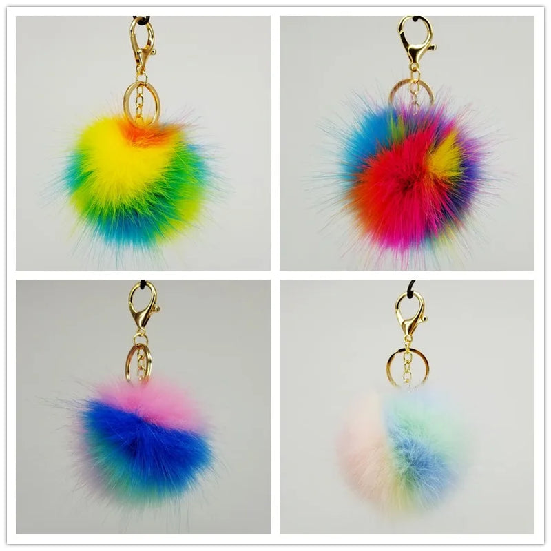 Afralia™ Rainbow Fluffy Ball Keychain Handbag Charm Bunny Pom Pom